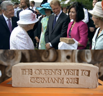 oben: Queen Elizabeth II. bei ihrem Besuch in Potsdam 2015; unten: Ziegel der Queen
