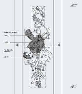 Zeichnung der Armatur auf der linken Lisene neben dem Hauptportal in der Südfassade des Turmes. Die vorhandenen Fragmente sind dunkel unterlegt. Den Adlerkopf des Schildes hat Felix Brusberg zur Verfügung gestellt. Quelle: Thomas Bolze